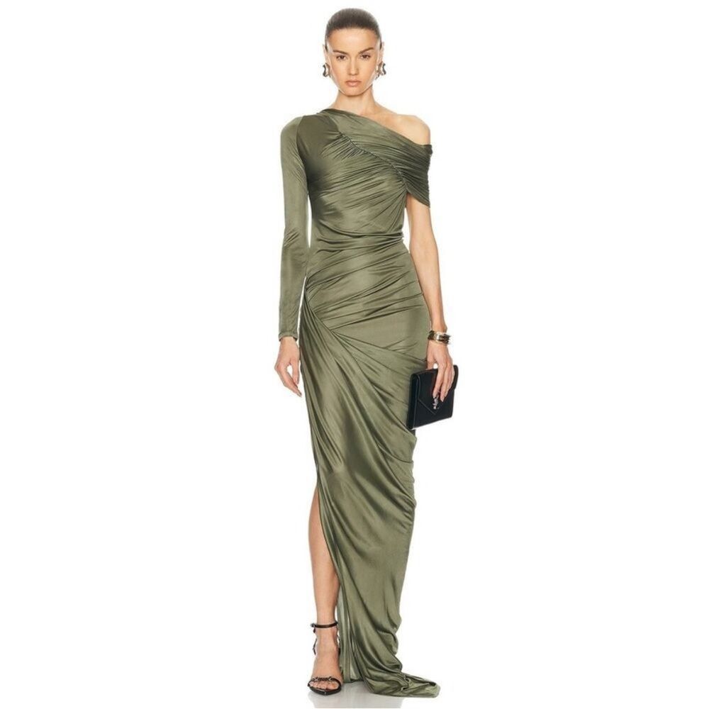 ATLEIN NWT Green Silk Dress Satin One Shoulder Ruched Drape Gown Ruffle Dress 0